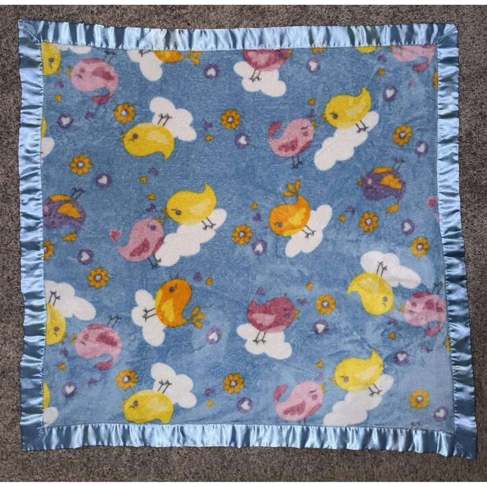 Baby Fleece Blanket Satin Trim Birds Clouds Nursery Security Blanket Blue 40x40